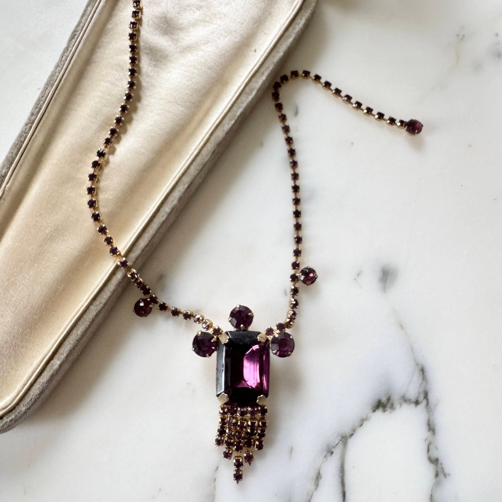 Vintage 1950s Purple Rhinestone Statement Necklace Tassel Sparkly Dressy Formal - Picture 4 of 6